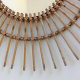 Mid Century Organic Modern Bamboo & Rattan Sunburst Patinated Mirror, 1960s