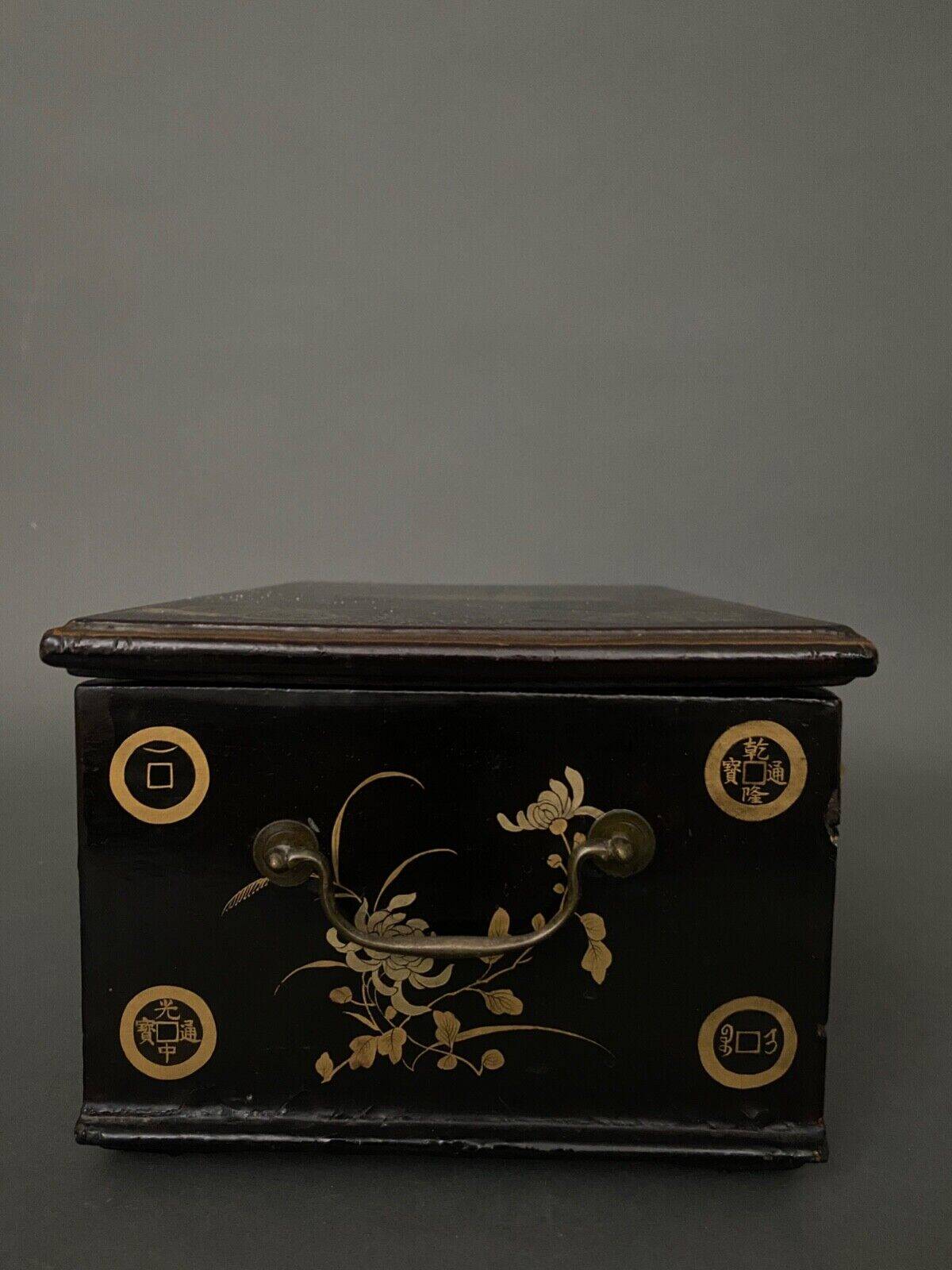 20th century Indian wooden box black lacquer decorated with animals with gold highlights
