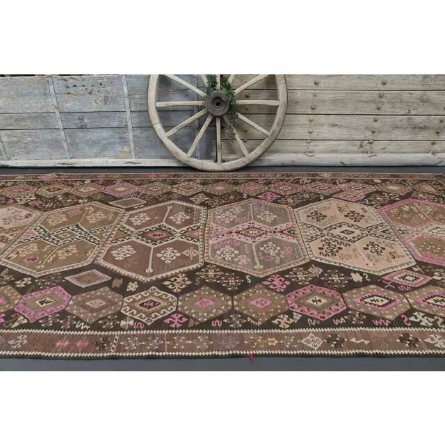 Vintage Turkish Oushak Handmade Wool Cotton Brown Runner Rug 188x416