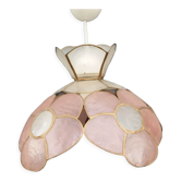Suspension vintage lampshade mother-of-pearl and brass decorated with pink and white flowers