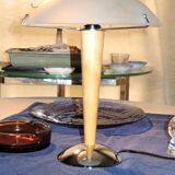 Table lamp legs chrome wood lampshade opaque glass.