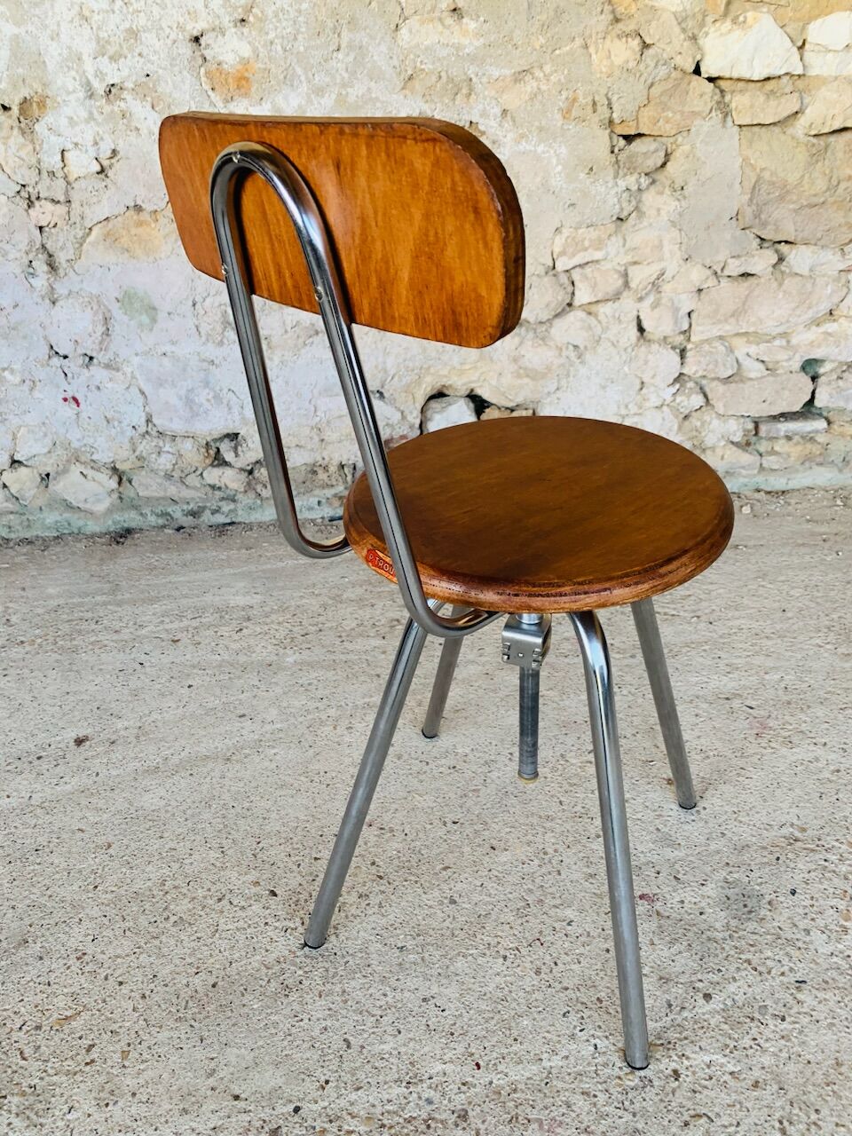 Vintage industrial metal and wood stool with adjustable swivel seat, 1960's