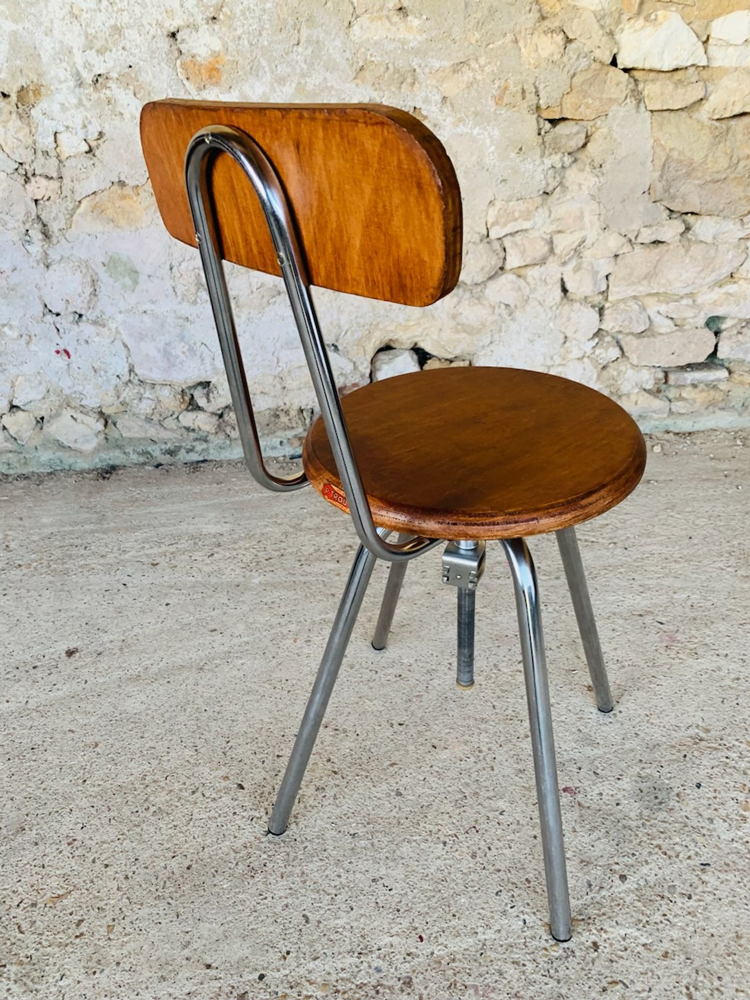 Vintage industrial metal and wood stool with adjustable swivel seat, 1960's