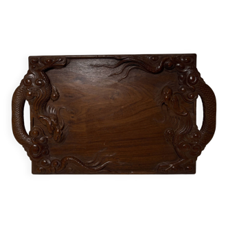 Old teak wood serving tray Decorated with Indochina dragons