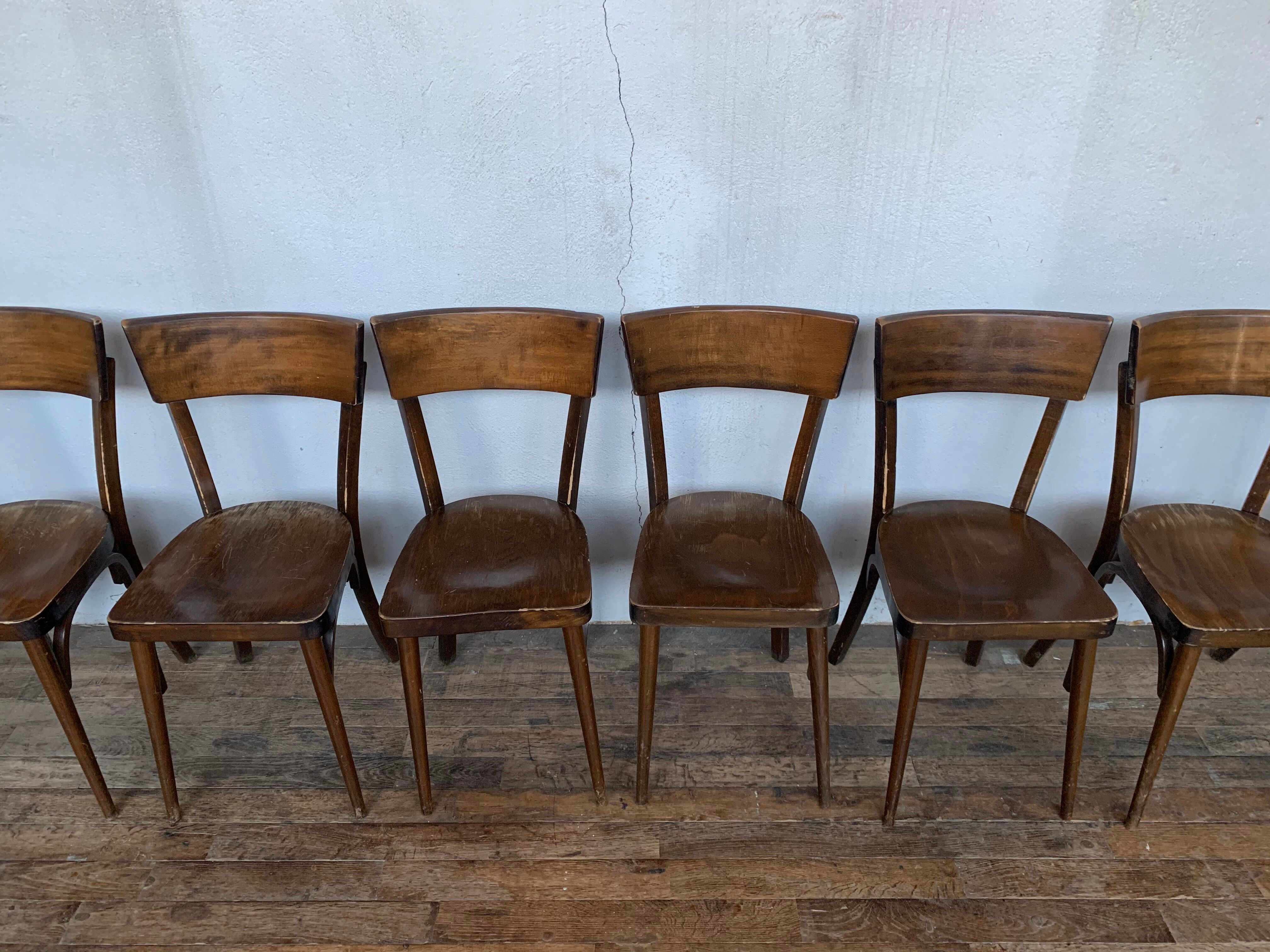Set of 8 old wooden bistro chairs