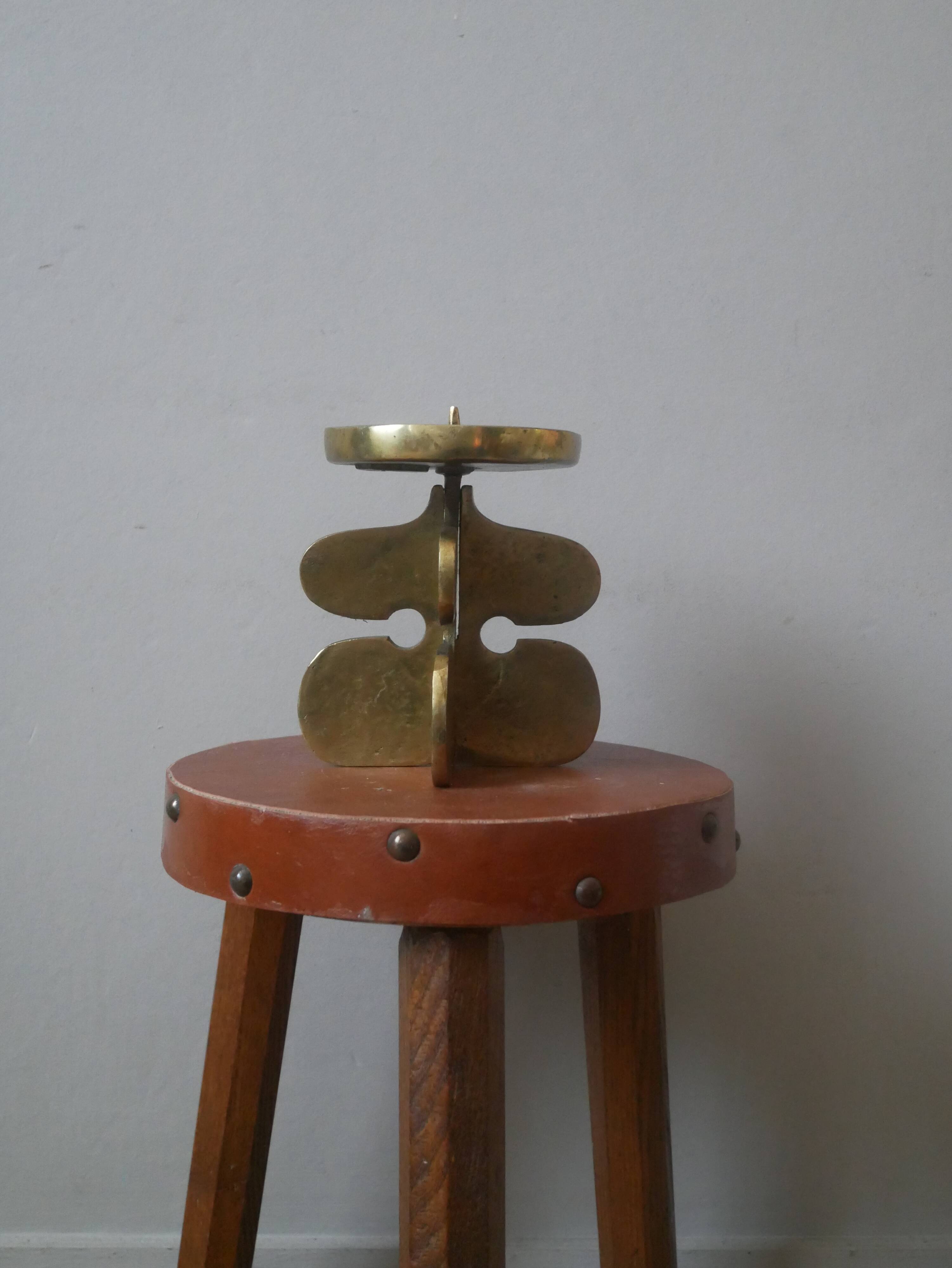 Brutalist brass candle holder, golden metal chandelier, vintage Scandinavian design.