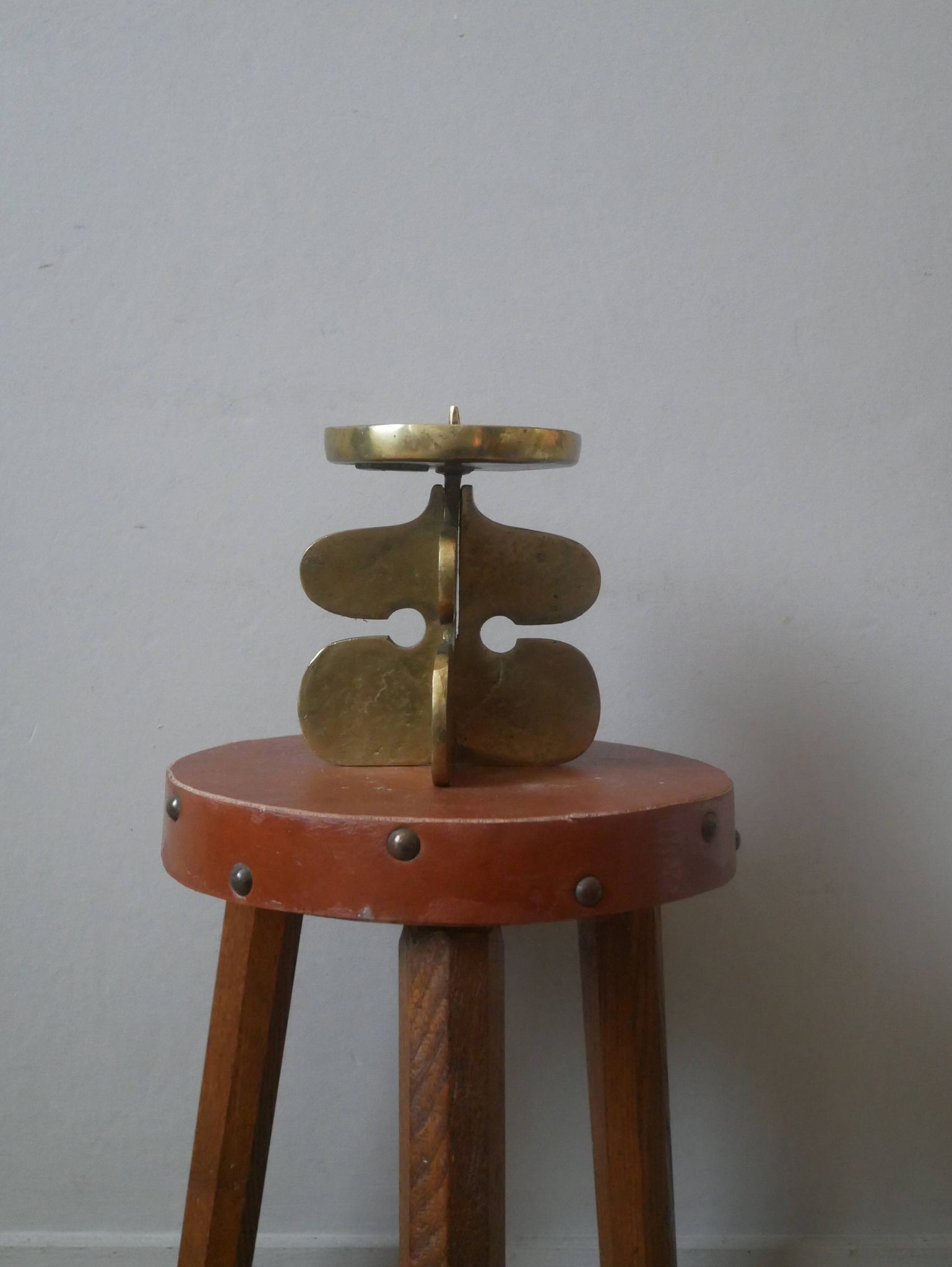 Brutalist brass candle holder, golden metal chandelier, vintage Scandinavian design.