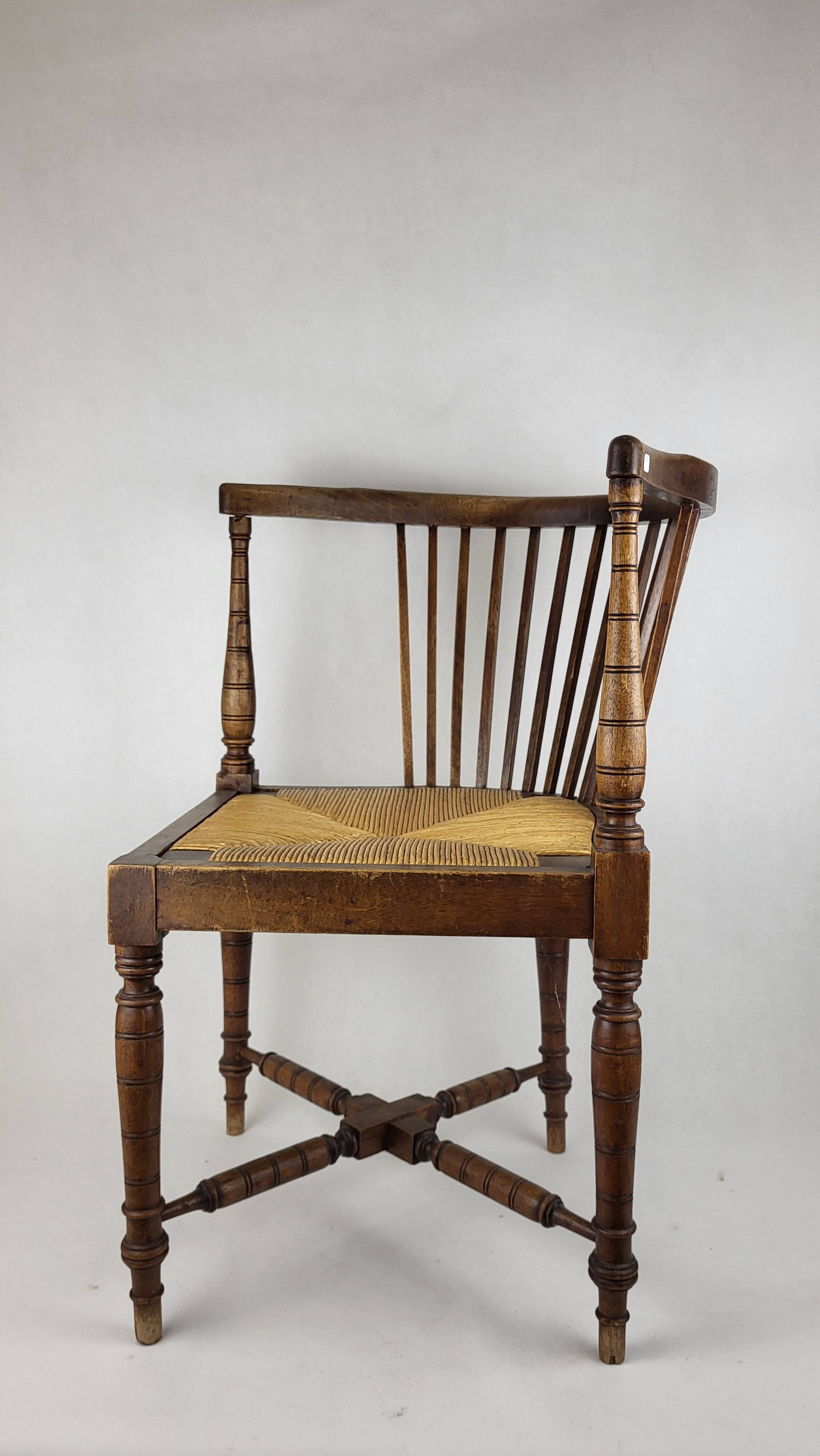 19th century English wood & straw corner armchair chair
