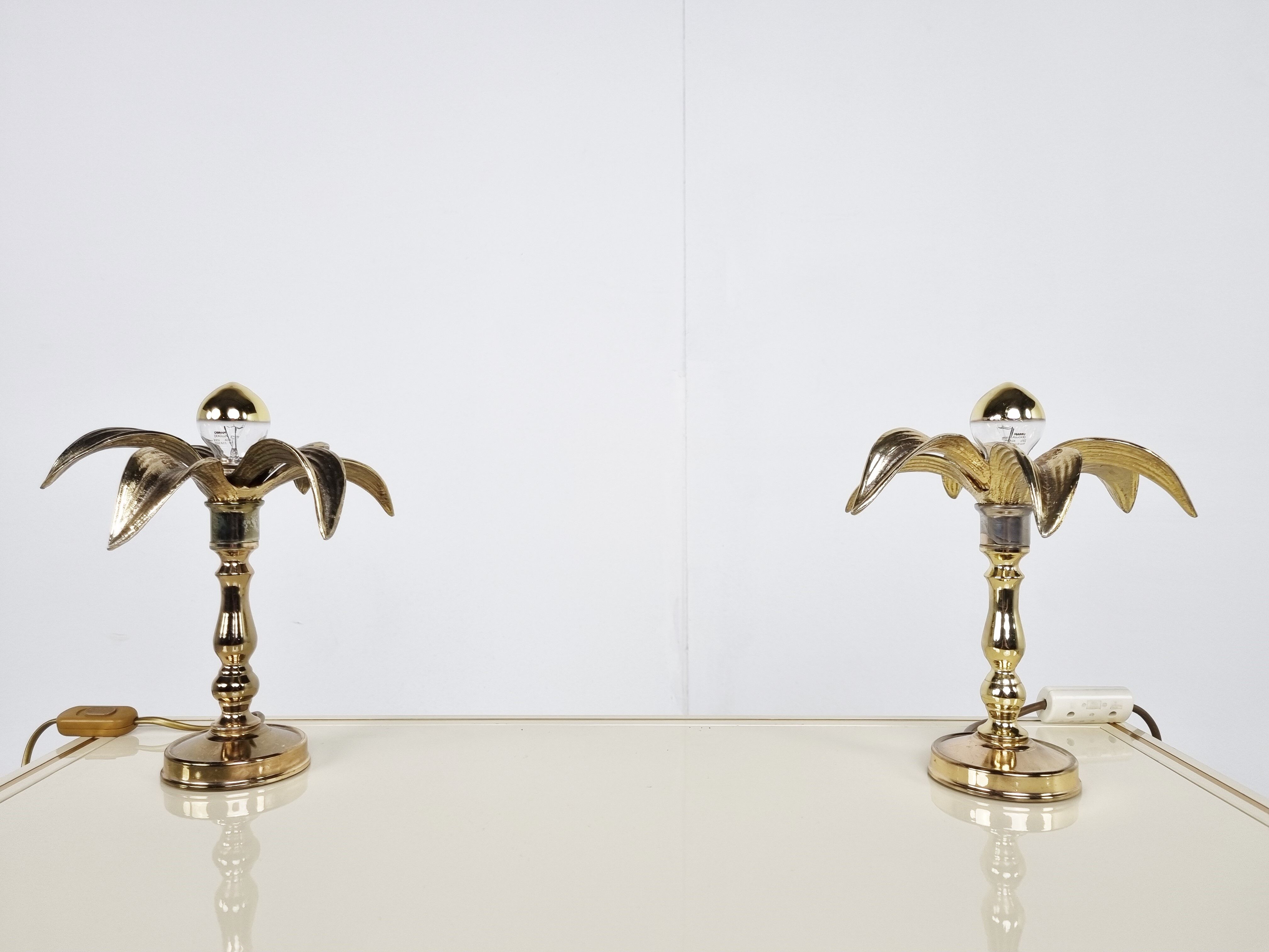 Pair of brass flower table lamps, 1970s