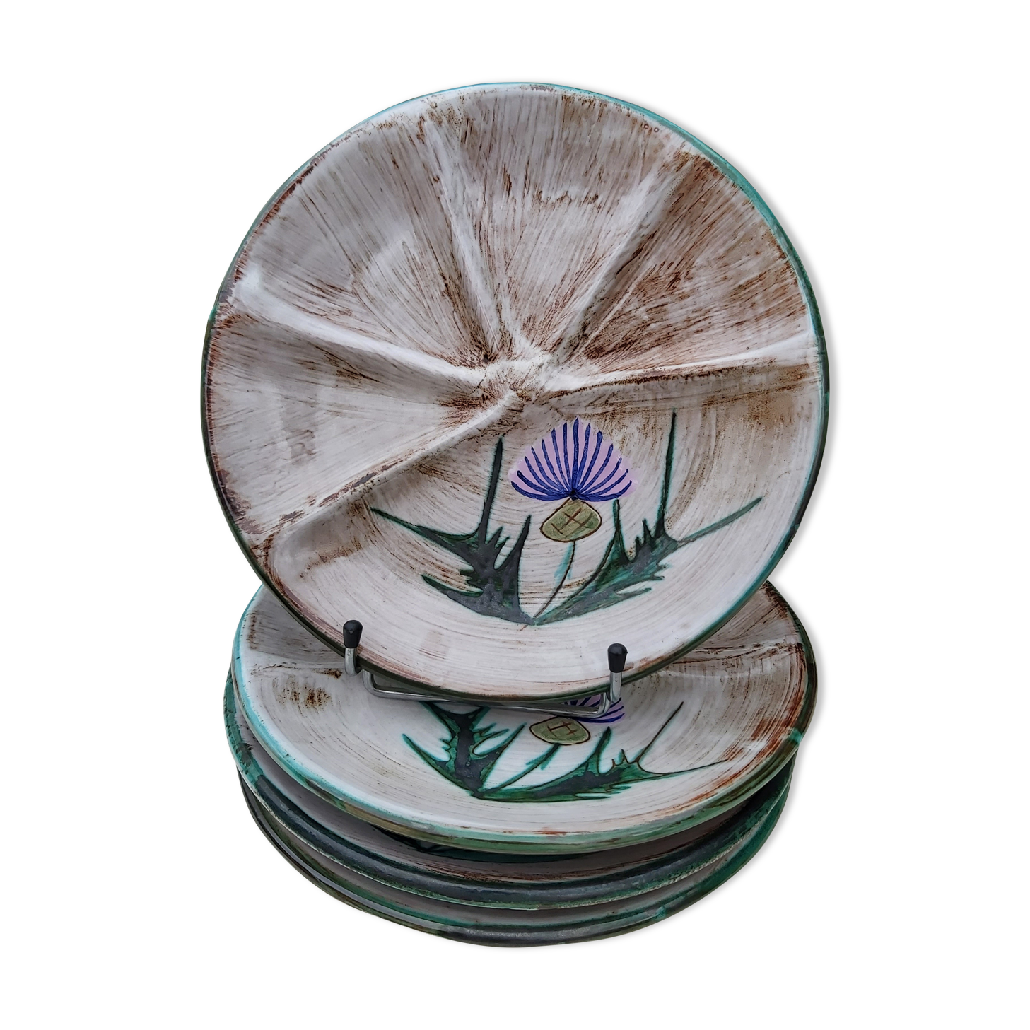 4 plates with compartments Vallauris decoration thistles