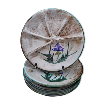 4 assiettes à compartiments Vallauris décor chardons