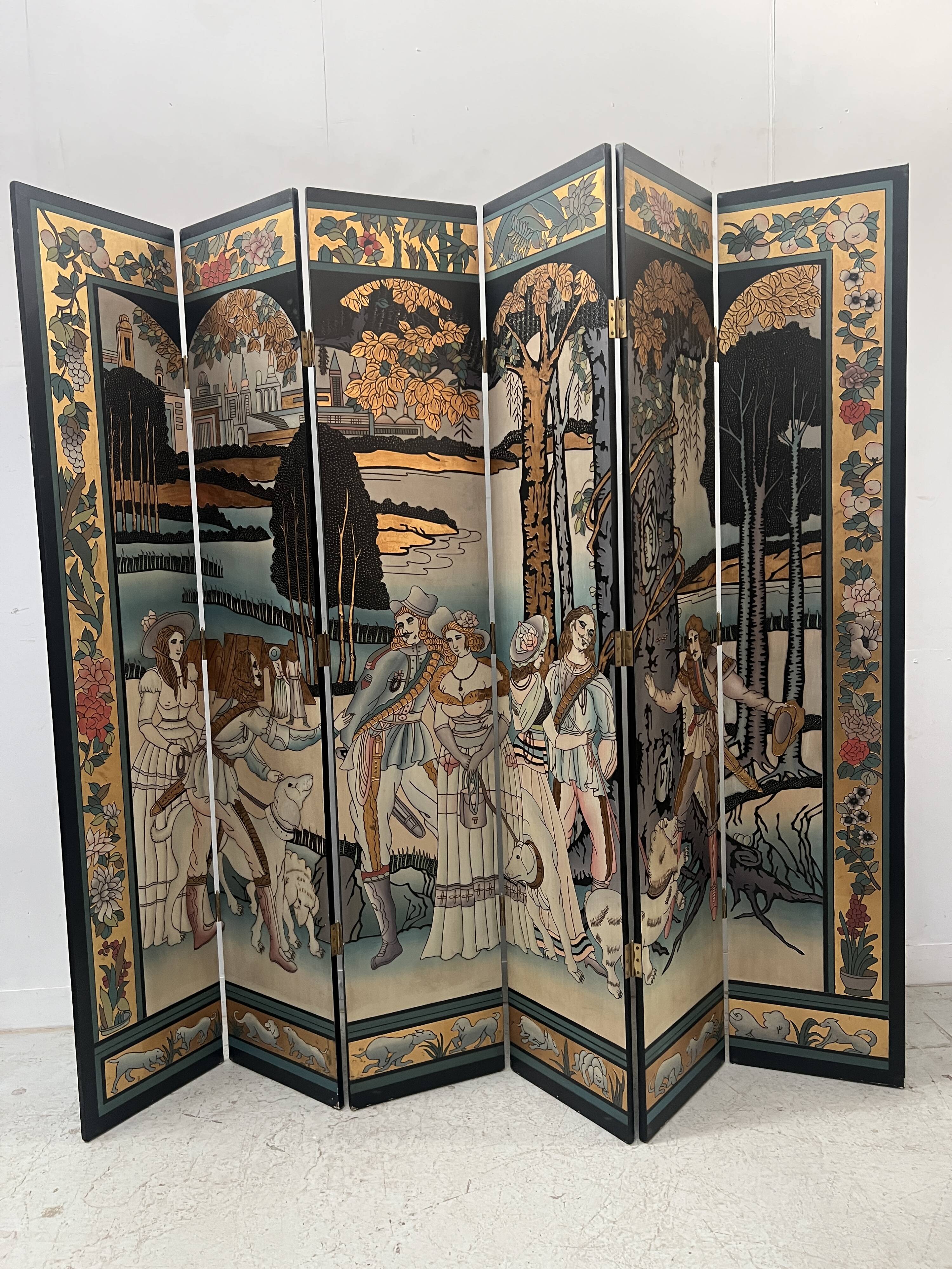 Six-panel painted screen, 20th century