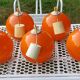 Set of 5 orange glass ball pendants from the 70s