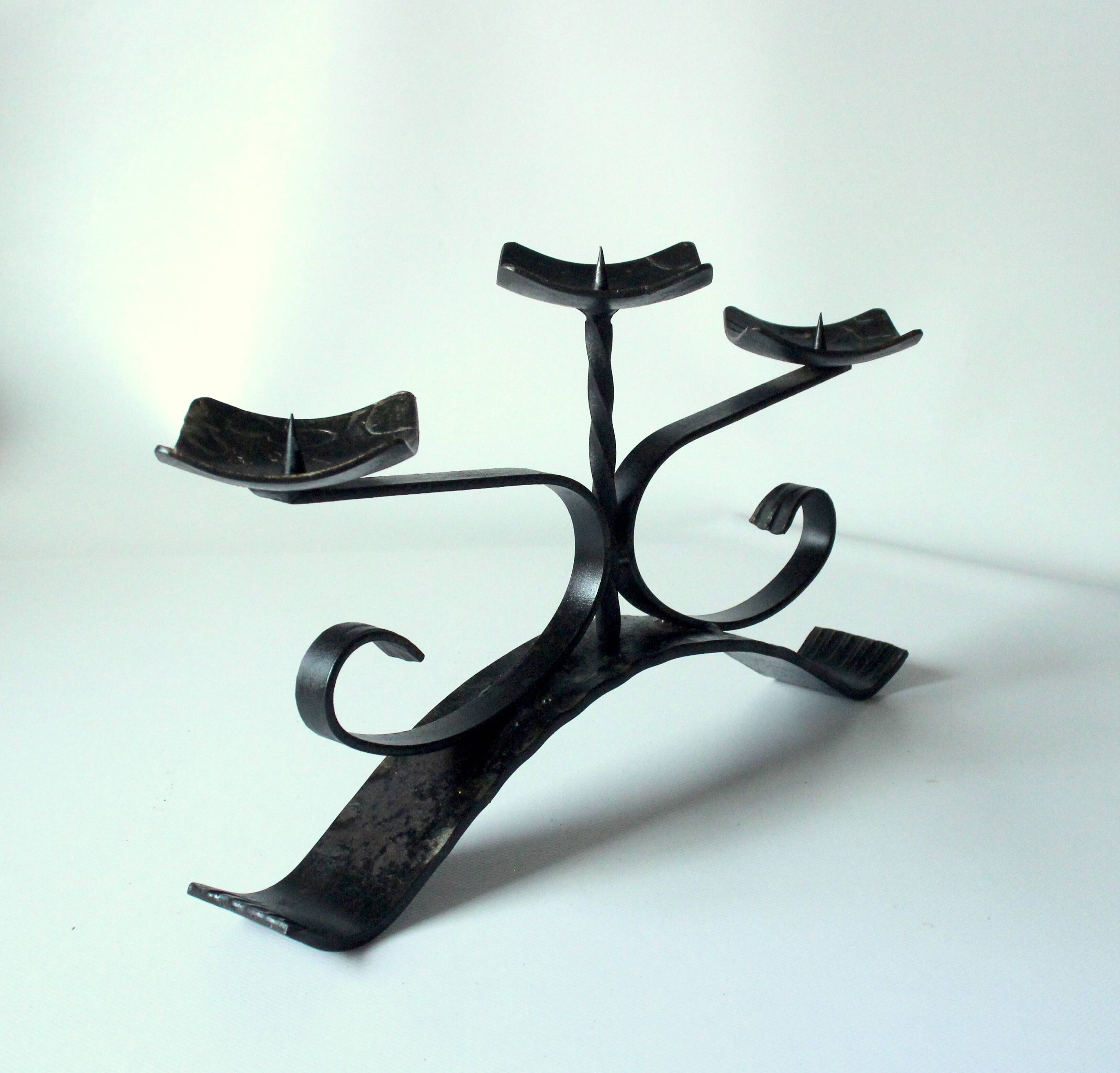 Handmade wrought iron candle holder, 3 arms, vintage