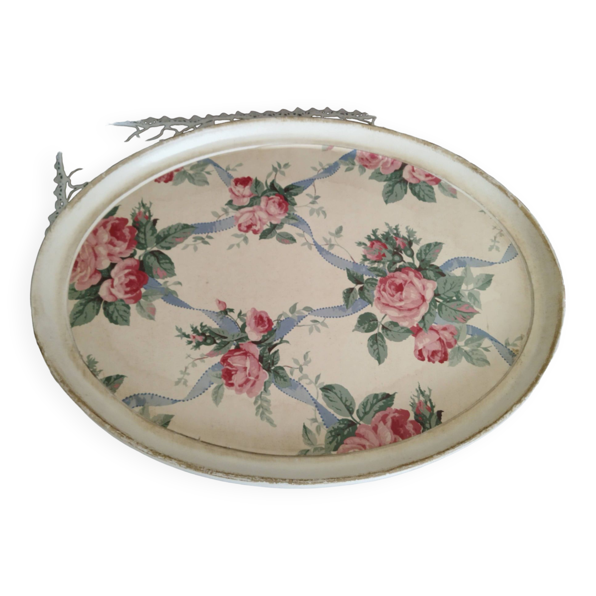 Oval resin tray with rose and ribbon pattern