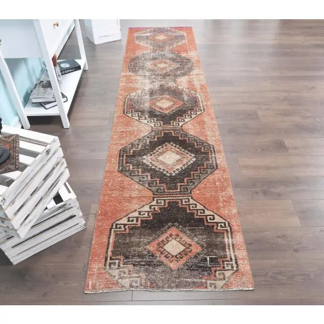 1960s orange geometric Turkish hand-knotted runner rug 81x337