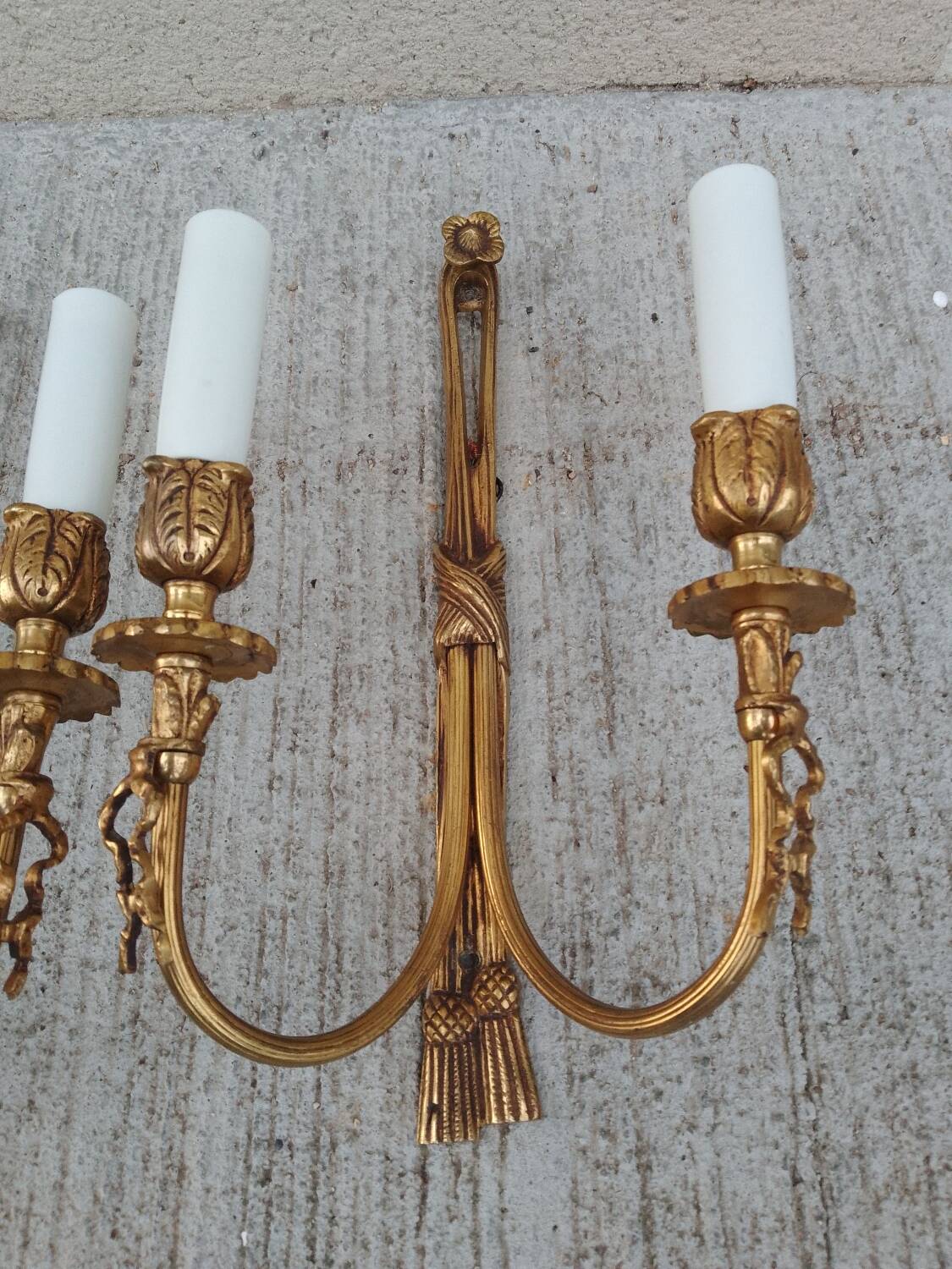 Pair of Louis XVI Style Bronze Wall Lights Forming Knots and Flowers