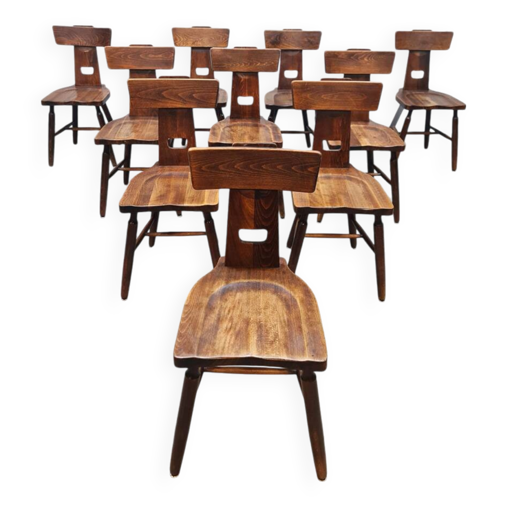 Vintage brutalist T-back dining chairs Pierre Chapo style