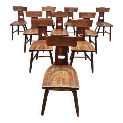 Chaises de salle à manger vintage brutalistes à dossier en T de style Pierre Chapo