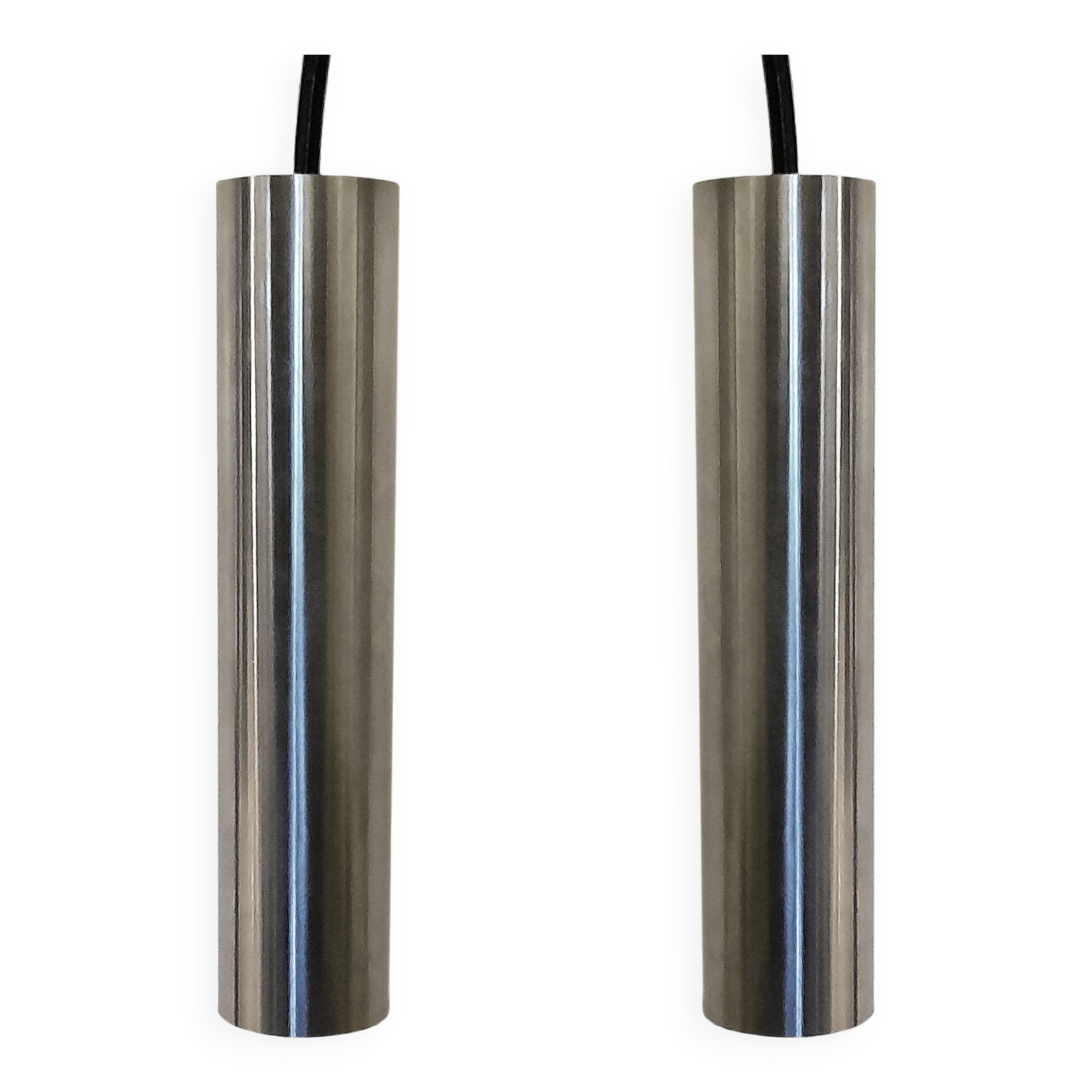 Pair of still tube pendant lights in polished stainless steel, 1970s, new