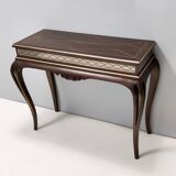 Vintage Rectangular Solid Walnut Console Table with Engraved Mirror Motif, Italy