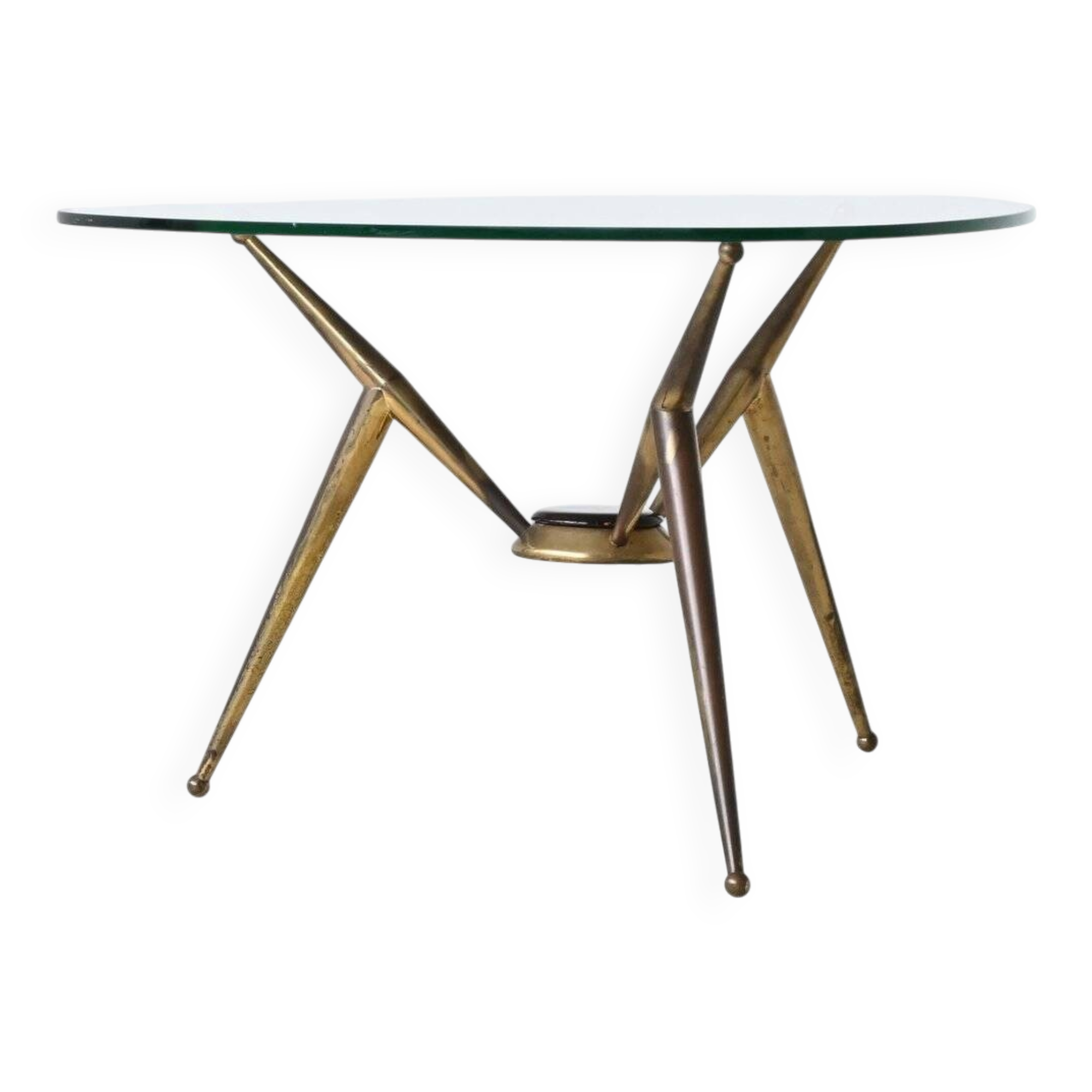 Italian tripod triangle coffee table brass and glass Italy 1950