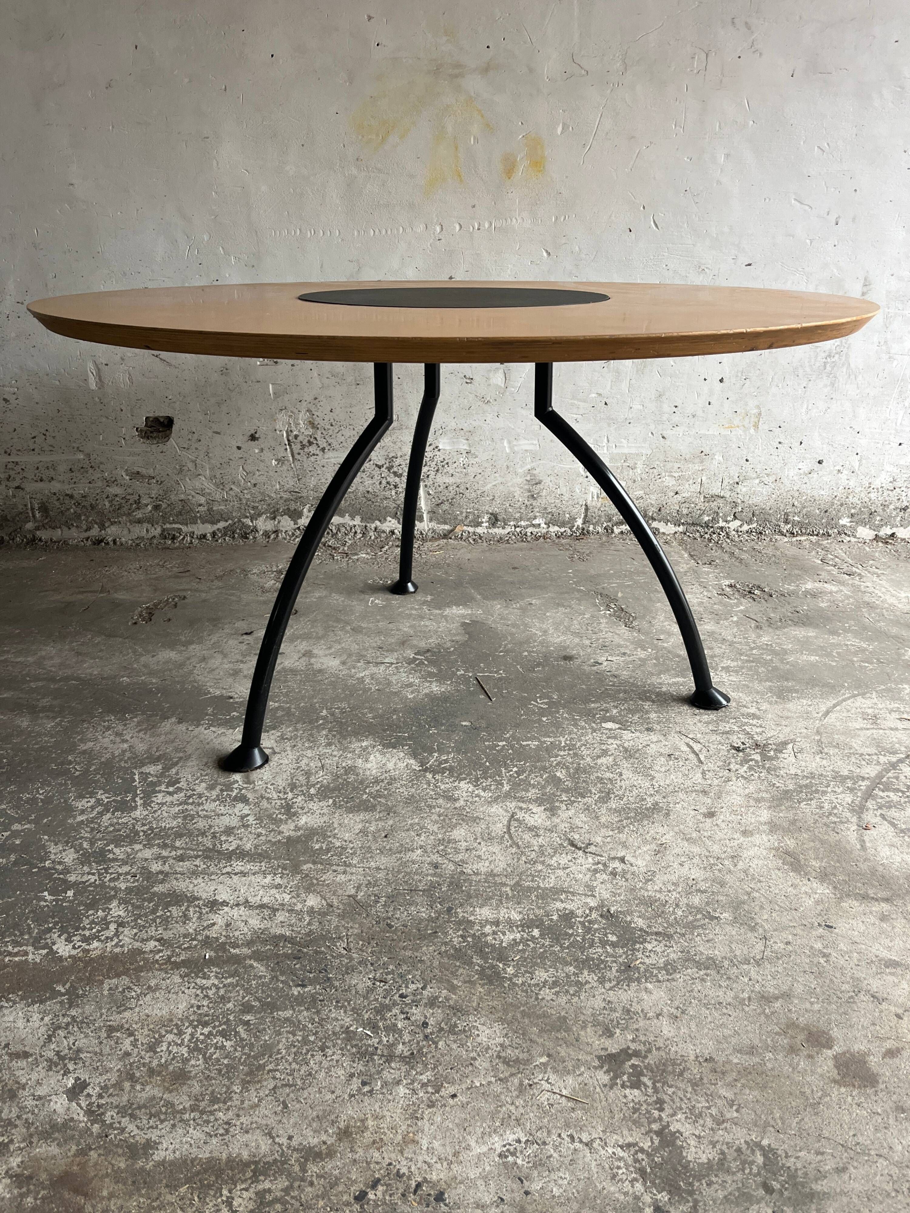 140cm Wood Veneer Round Dining Table with Black Rotating Center Disc and Metal Tripod Base