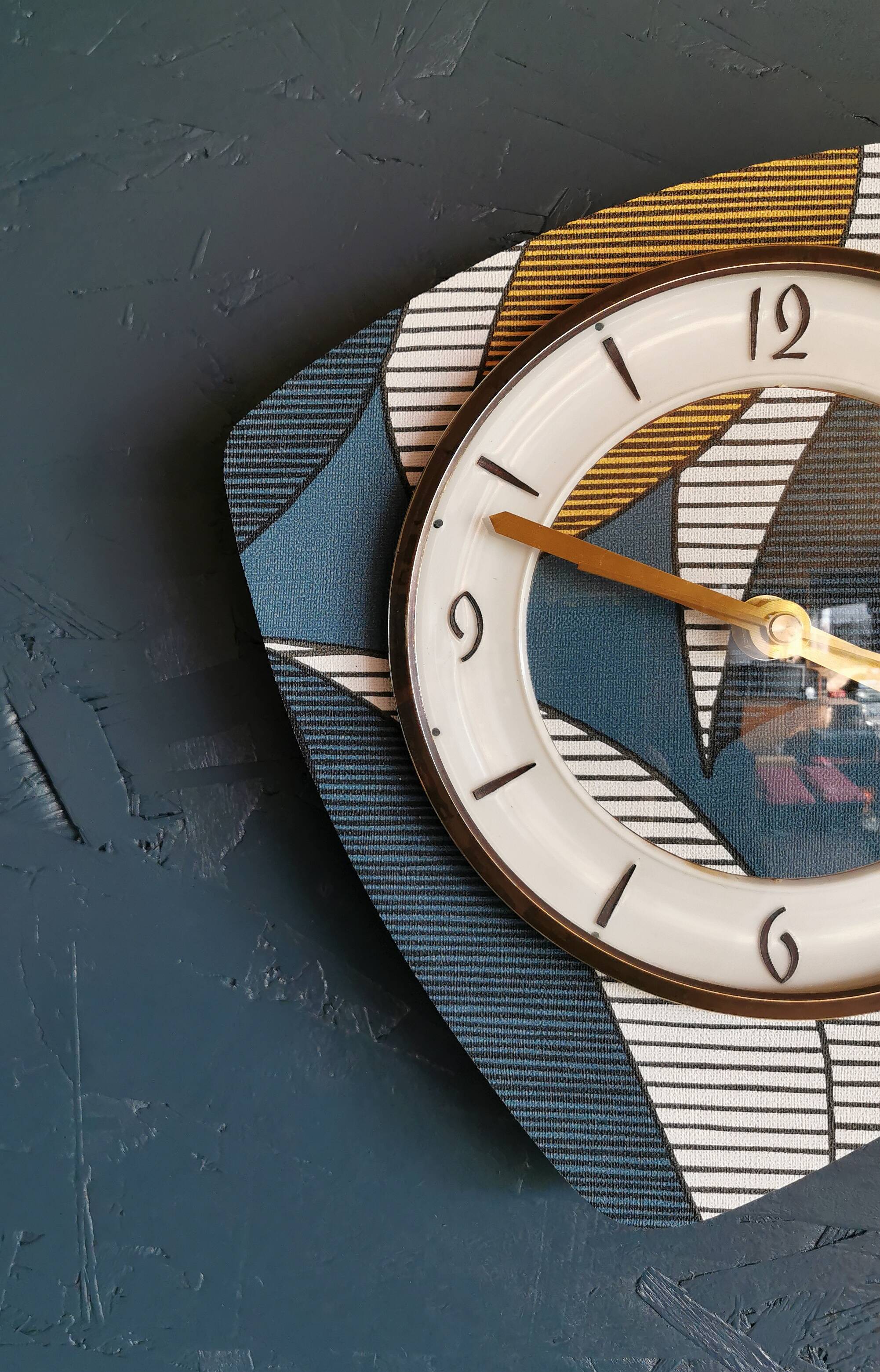 Vintage silent wall pendulum clock from the 60s asymmetrical "Striped blue white ocher"
