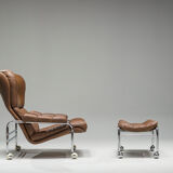 Swedish Lounge Chair and Ottoman in Chrome and Brown Leather by Scapa Rydaholm, 1960s, Set of 2