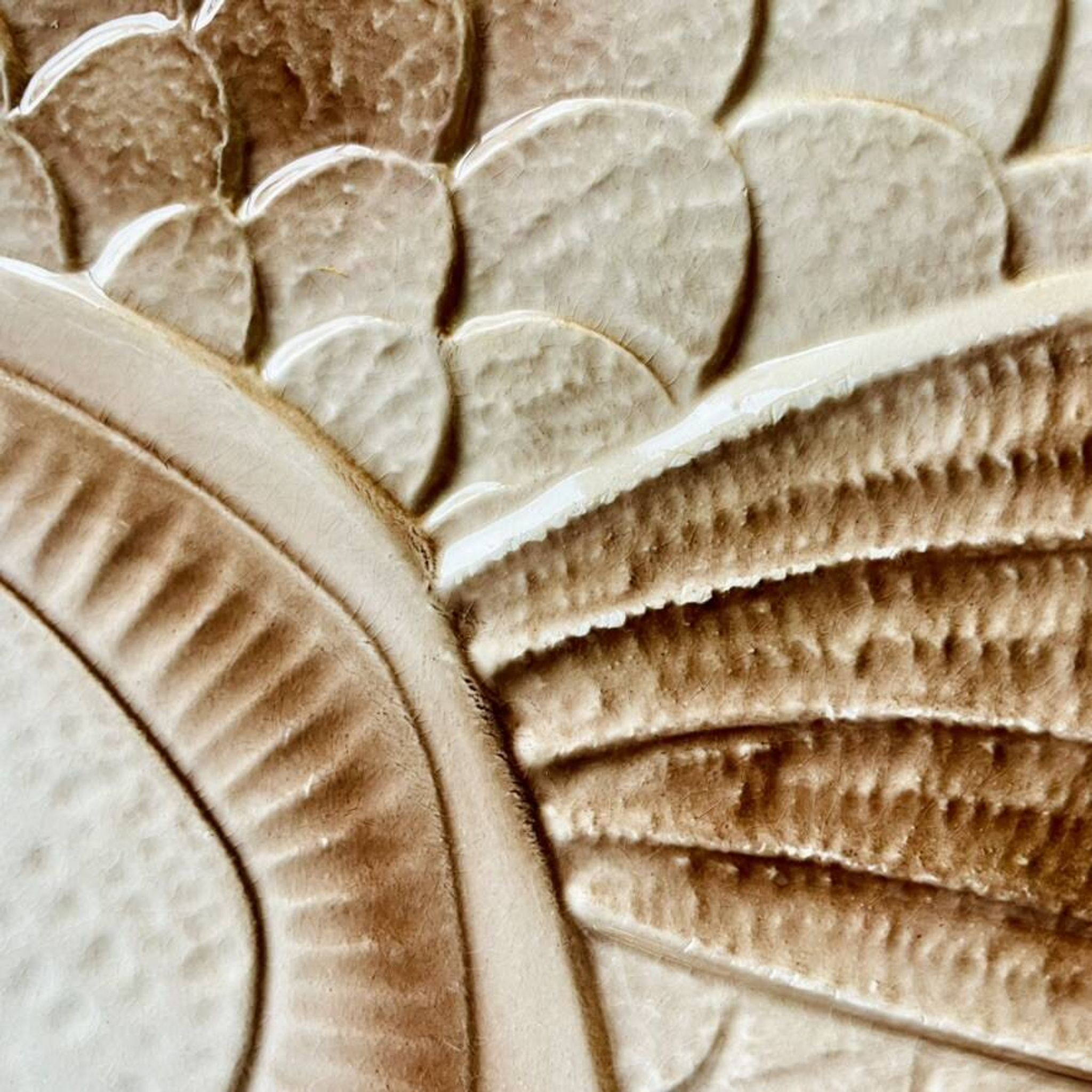 Set of 6 beige earthenware dinner plates, circa 1970, Sarreguemines, France.
