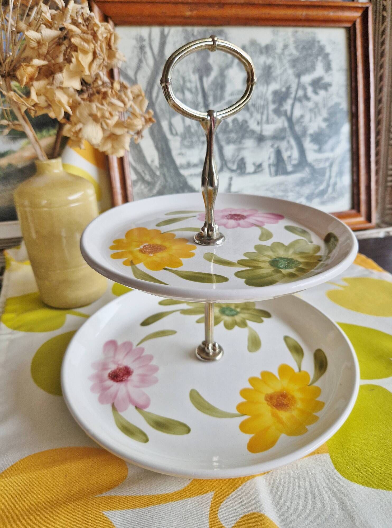 Digoin vintage serving plate cake stand, marguerite model, hand painted