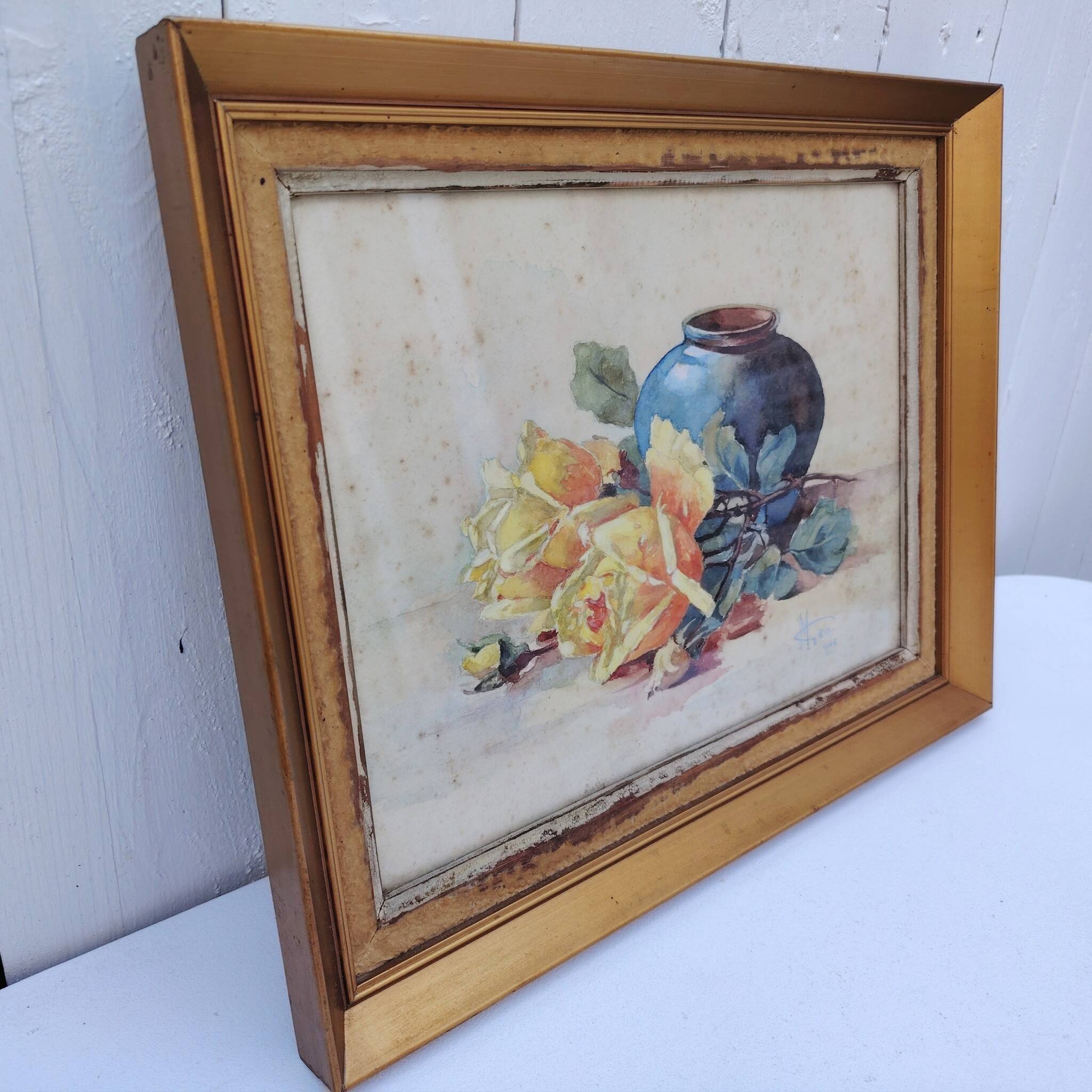 Watercolor bouquet of roses in preparation, Géo, 1948