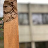 Art Deco mirror on a carved arched base, renovated in raw oak, 186cm