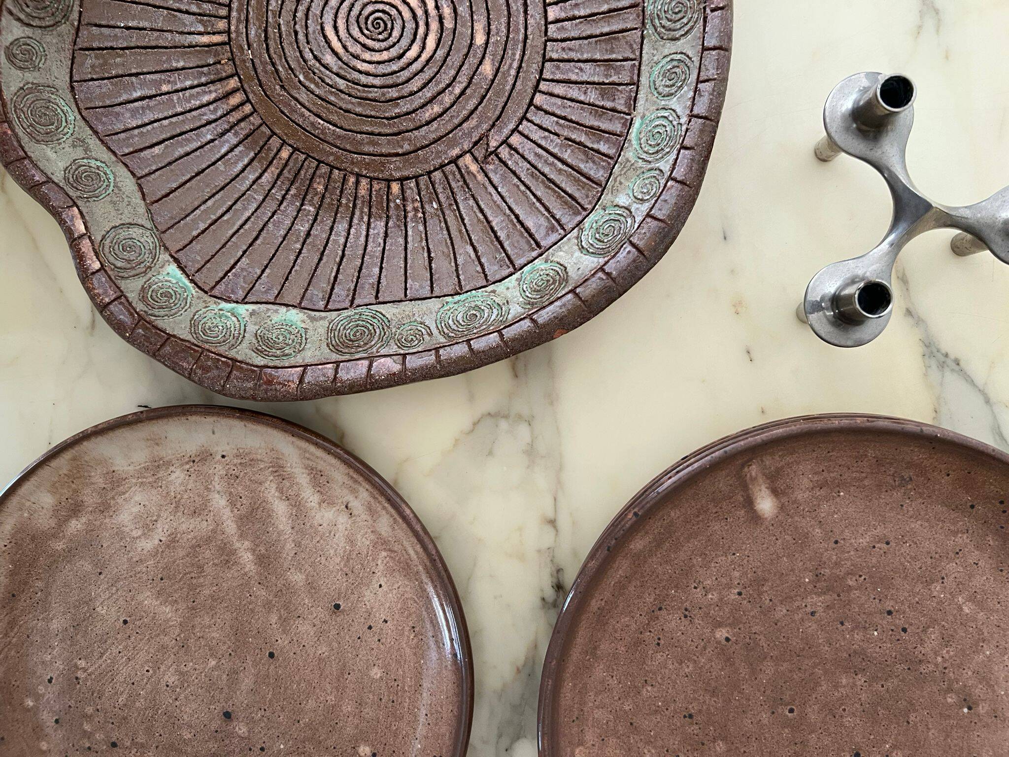 Ceramic service 4 large plates in enamelled stoneware, vallauris 1950