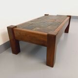 Vintage Brutalist Oak and Slate Coffee Table from the 60s-70s