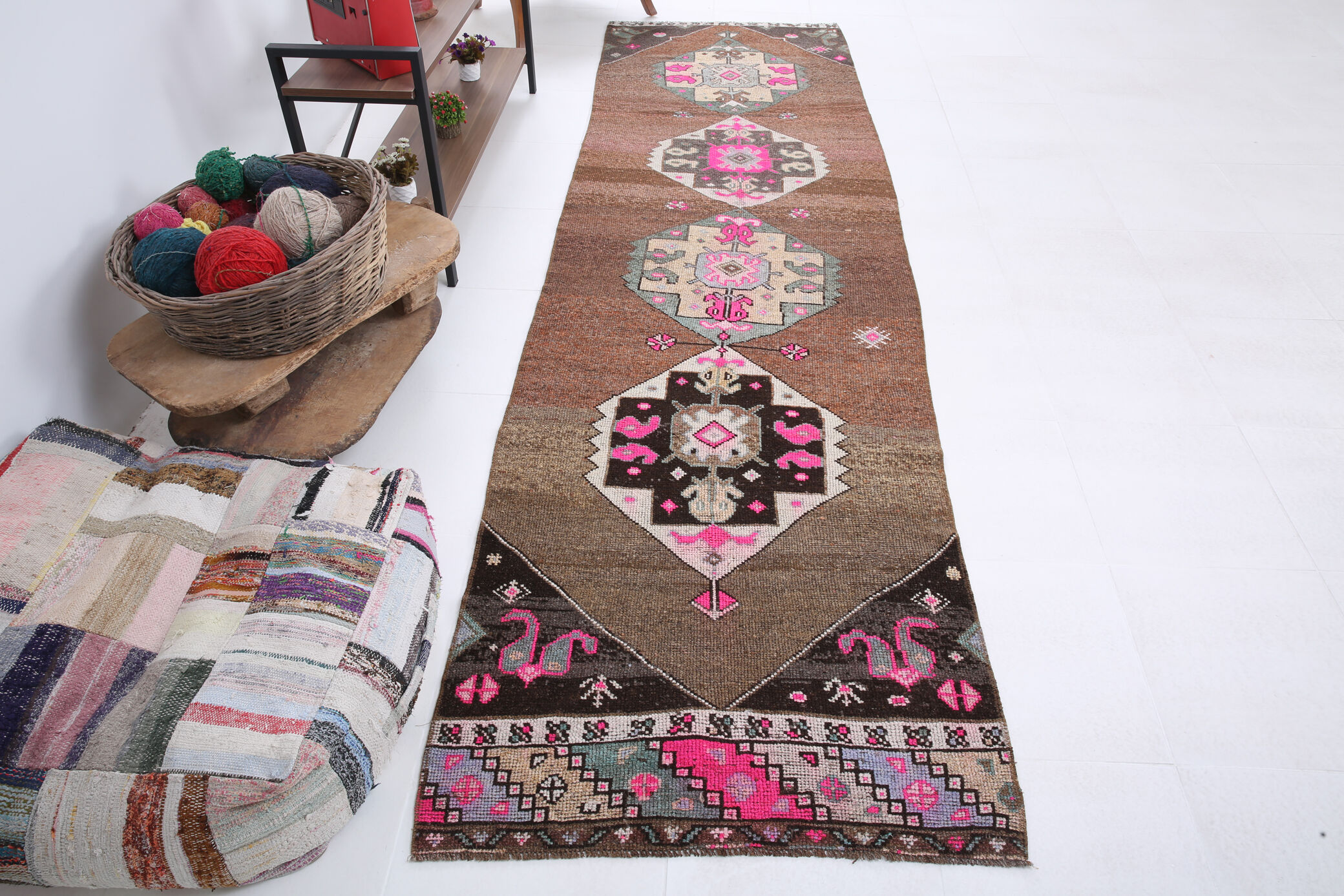 Geometric brown oushak runner rug, 97x326cm