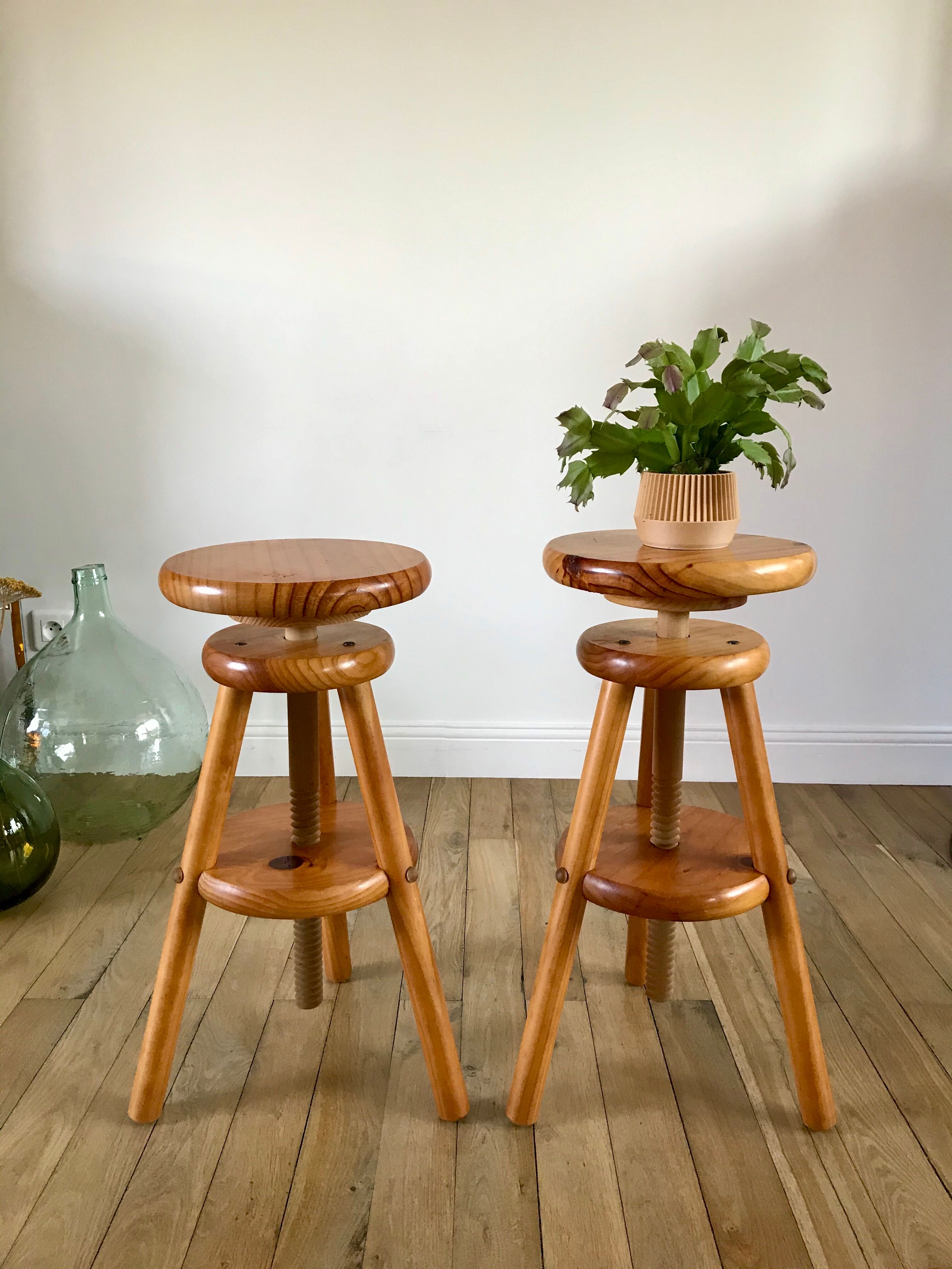 pair of adjustable architect stools pine style 60s