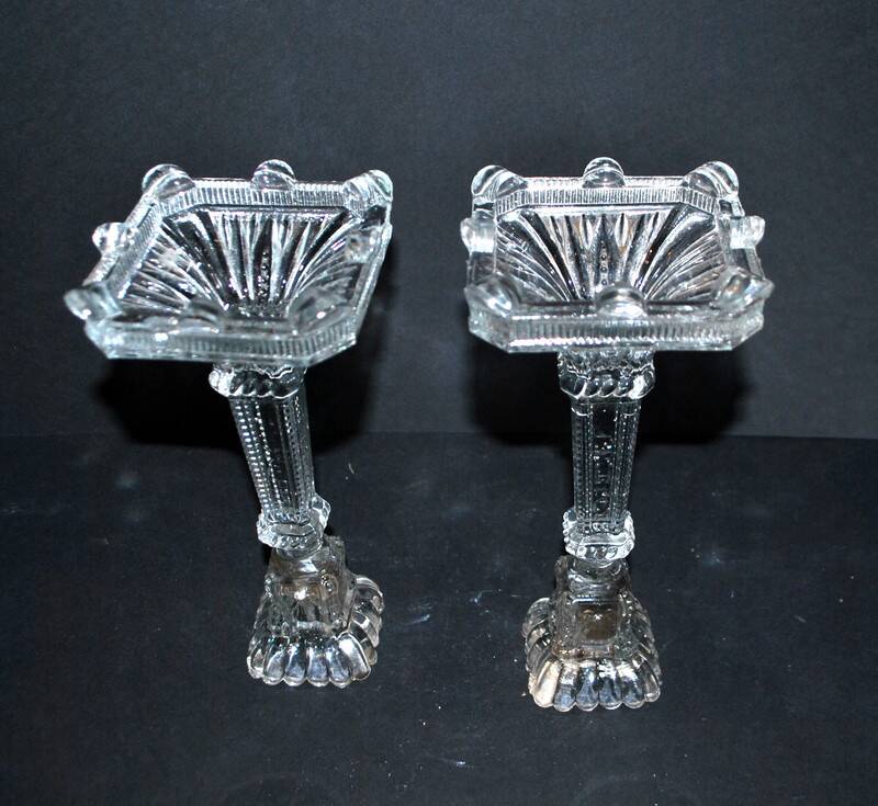 Set of 2 Egyptian-decorated candlesticks, Vallerysthal glassware, 1900
