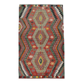 Tapis kilim à décor géométrique rouge et vert olive