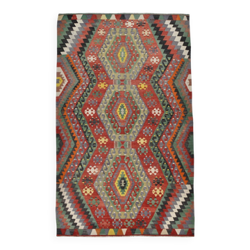 6x10 Tile Red & Olive Green Geometric Kilim Rug, Morocacan Home Decor