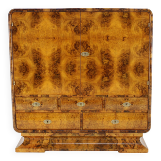 1930s Rare Art Deco Cabinet with Drawers in Walnut Finish, Czechoslovakia
