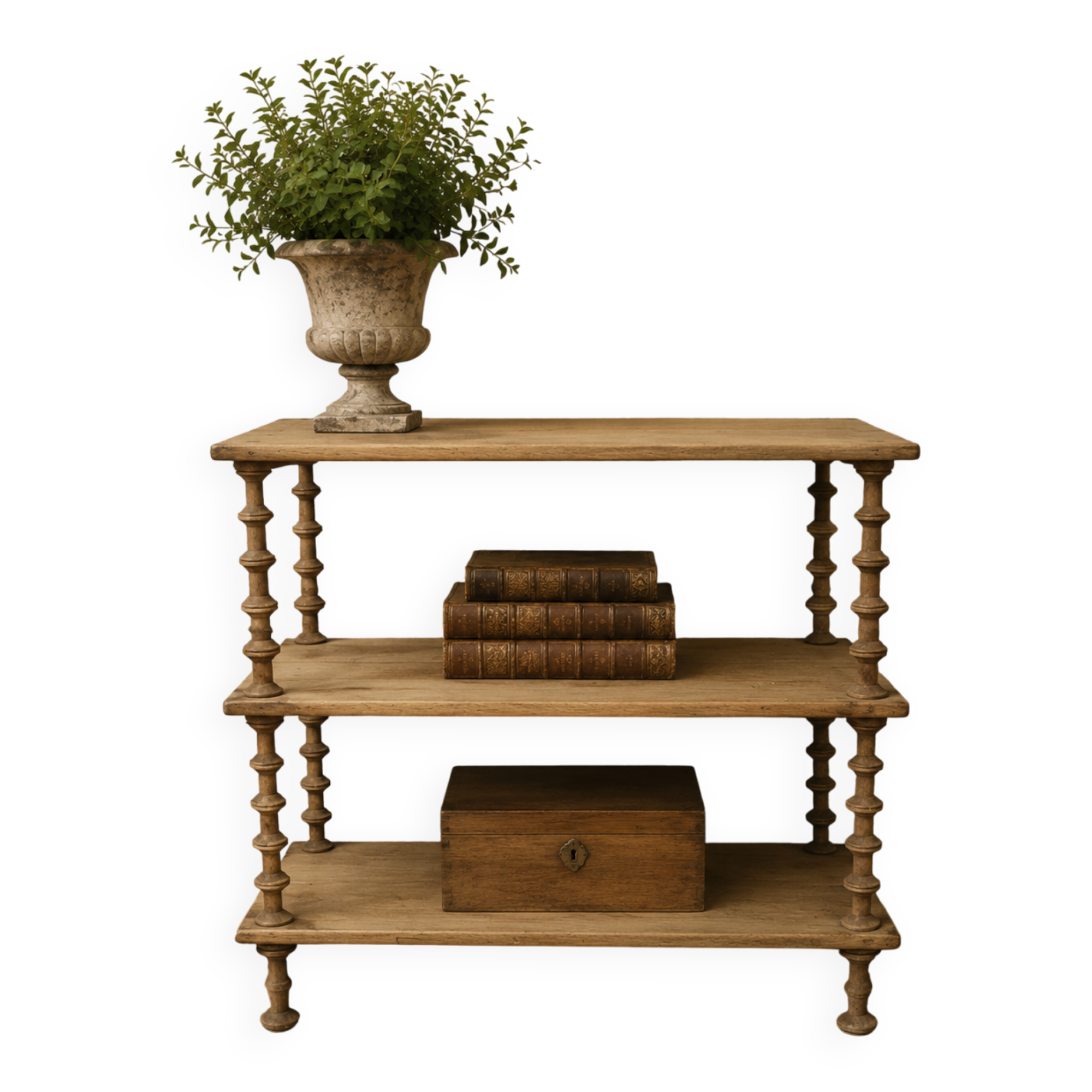 Natural wood display shelf with three tiers