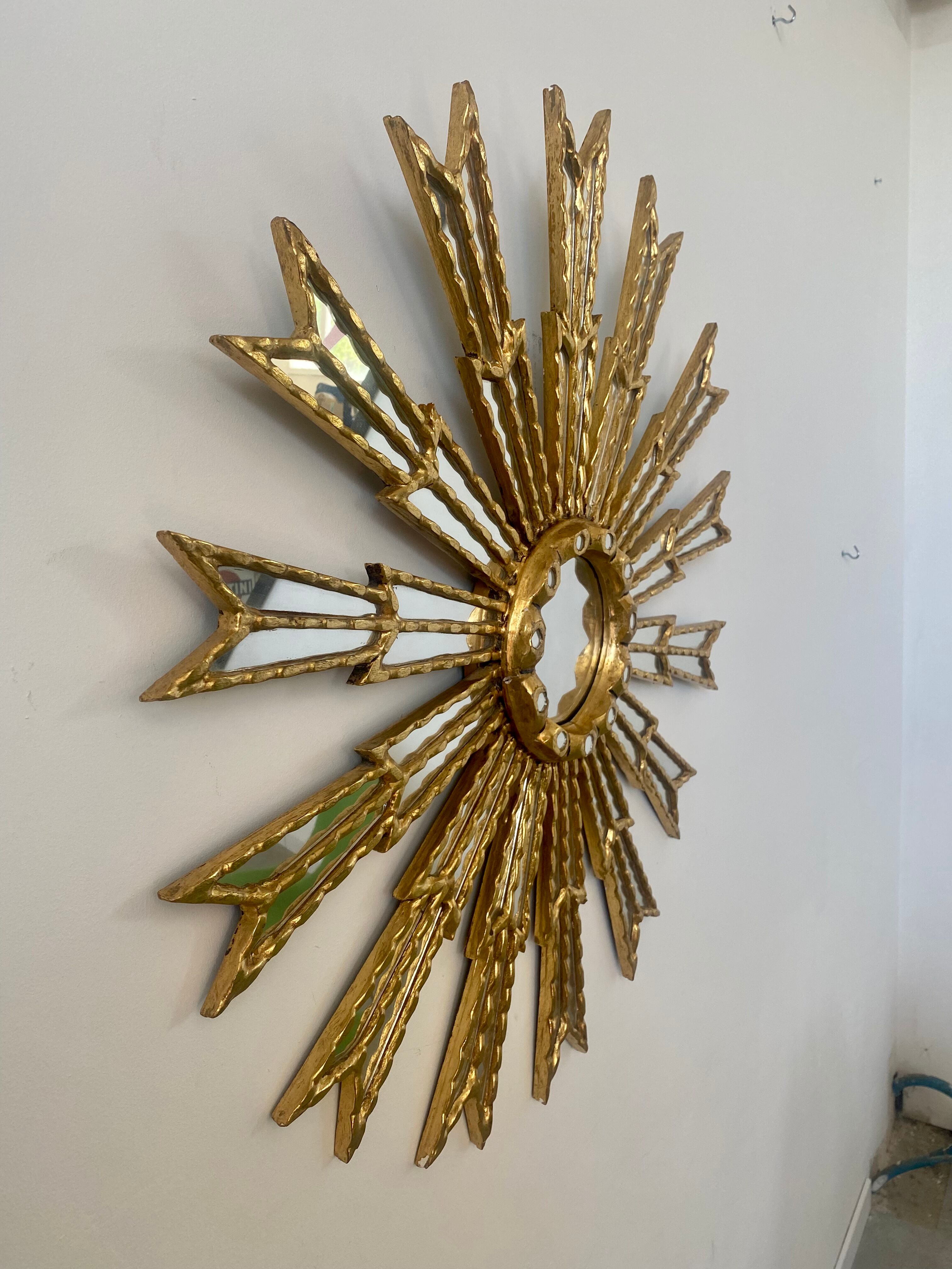 Mirror sun in gilded wood XXL facet mirror design year 60