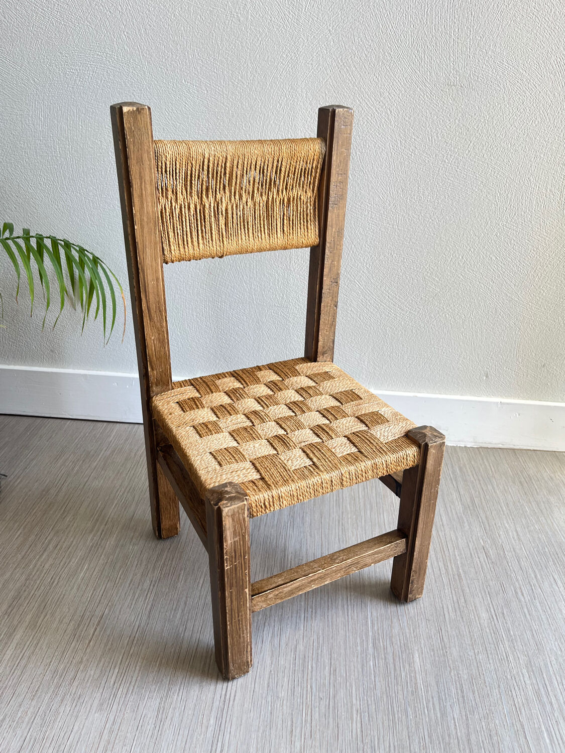 Vintage children's chair wood and rope by Audoux and Minet