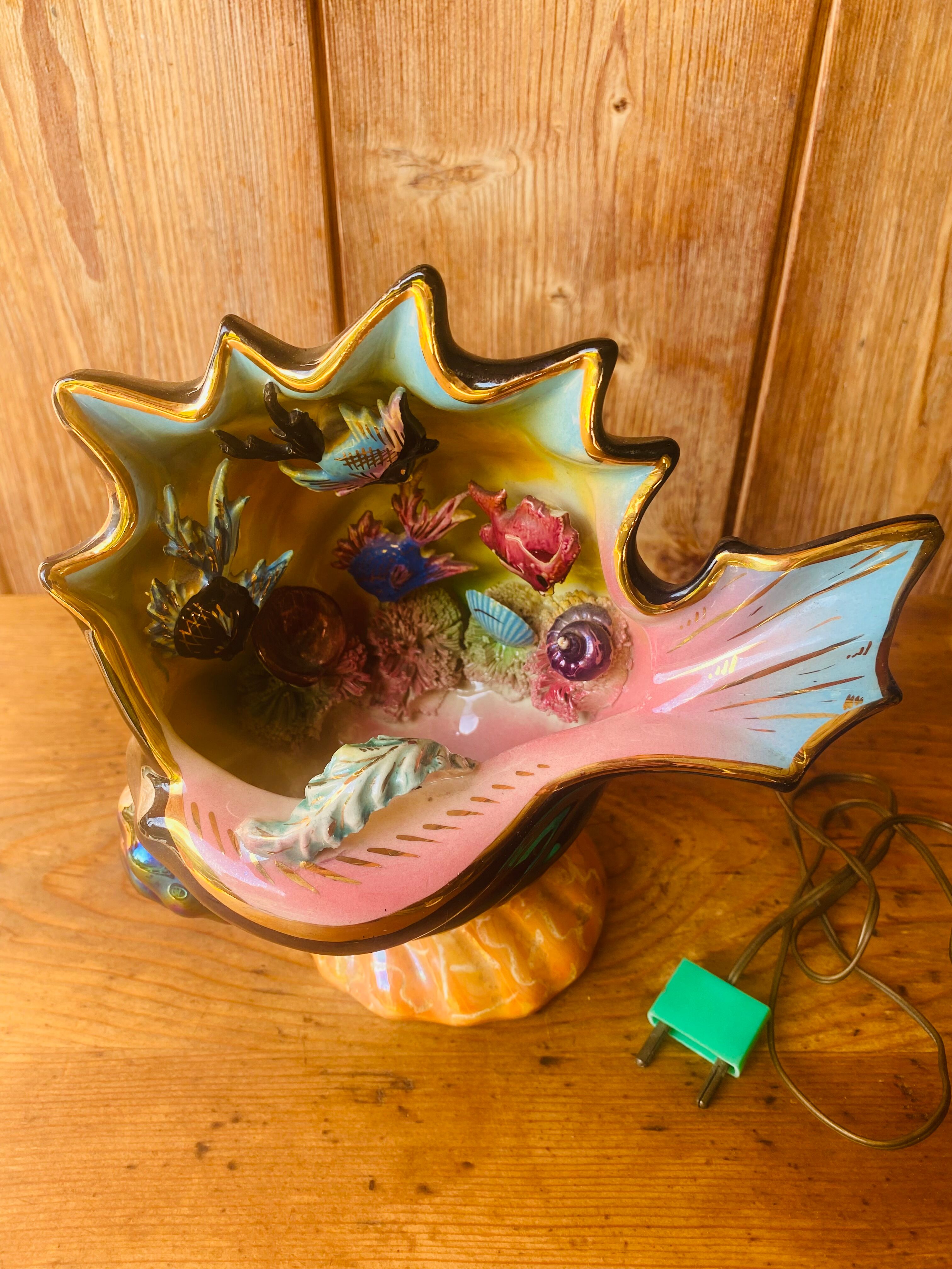 Lamp night light vintage ceramic shell fish.