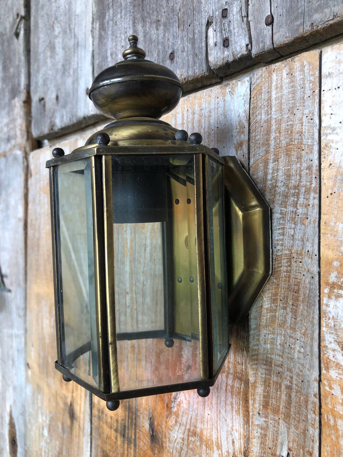 Old Golden Metal Lantern Wall Lamp + 5 Vintage Beveled Glasses