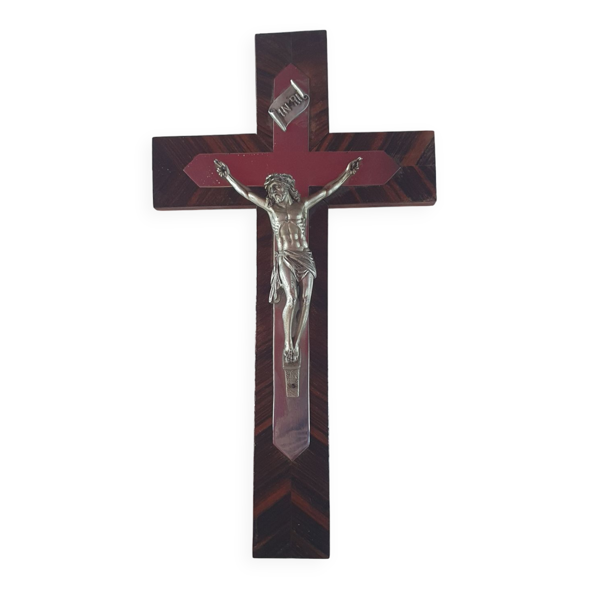 Cross crucifix in wood and metal silver 36 cm on19cm vintage old from the 60s 70s