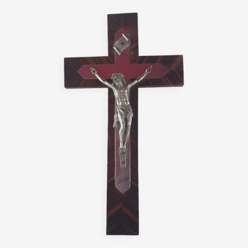 Cross crucifix in wood and metal silver 36 cm on19cm vintage old from the 60s 70s