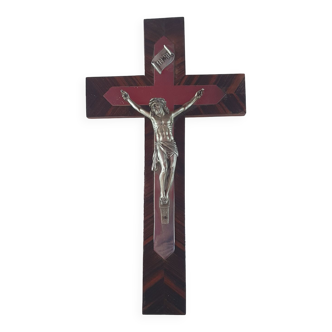 Cross crucifix in wood and metal silver 36 cm on19cm vintage old from the 60s 70s