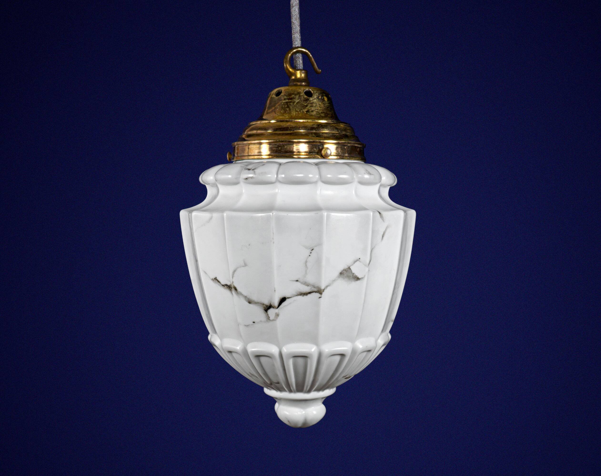 1930s Neoclassical British Opaline Glass & Brass Ceiling Pendant Lamp